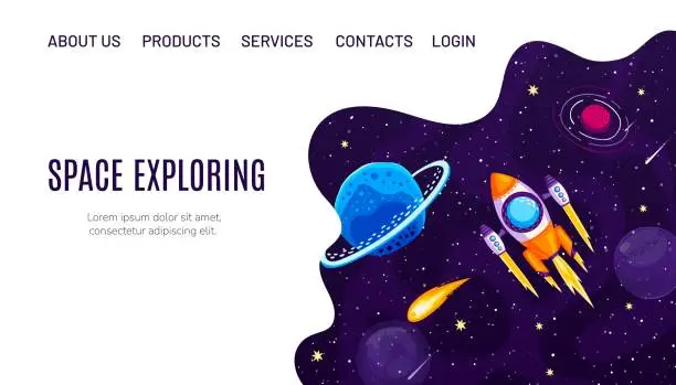 Vector illustration of Galaxy space adventure landing page with spaceship