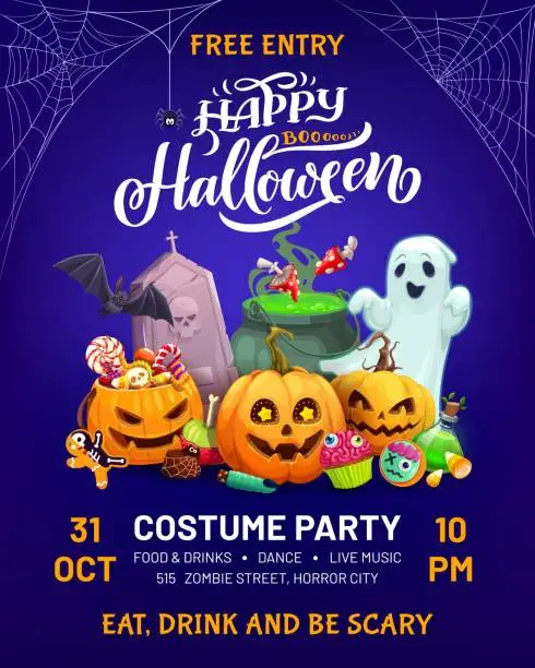 Vector illustration of Halloween holiday costume party flyer, monsters