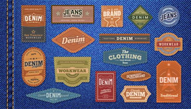 illustrazioni stock, clip art, cartoni animati e icone di tendenza di set vettoriale di toppe ed etichette in pelle di jeans denim - leather patch denim jeans
