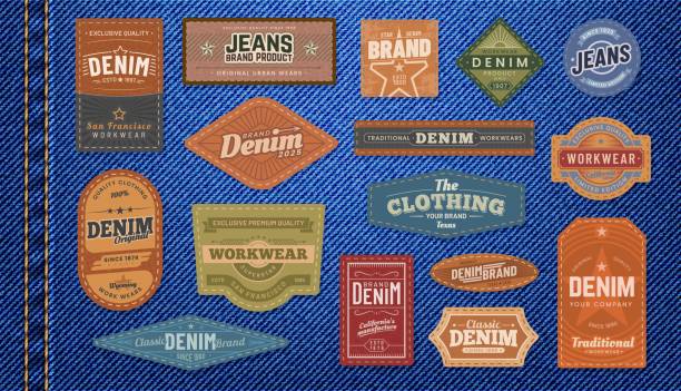 Denim jeans leather patches and labels vector set Denim jeans leather patches and labels. Isolated vector set of textured tags displaying brand names, providing company identity And a touch of style to the garment. Emblems in retro style for clothes patchwork stock illustrations
