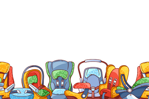 Seamless Pattern Featuring Vibrant Booster And Children Car Seats. Playful Design For A Kid-friendly Journey, Ensuring Safety And Style On The Go. Cartoon Vector Horizontal Border, Frame or Wallpaper