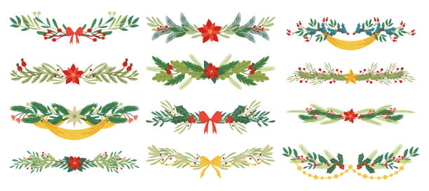 Elegant Christmas Borders Adorned With Festive Motifs Like Holly Berry, Mistletoe, Fir Tree Branches And Bows Elegant Christmas Borders Adorned With Festive Motifs Like Holly Berry, Mistletoe, Fir Tree Branches and Bows. Holiday Decorative Garlands That Capture The Magic Of Season. Cartoon Vector Illustration christmas stars stock illustrations