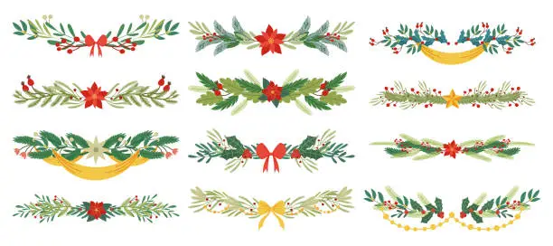 Vector illustration of Elegant Christmas Borders Adorned With Festive Motifs Like Holly Berry, Mistletoe, Fir Tree Branches And Bows