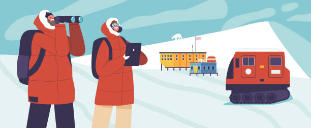 ilustraciones, imágenes clip art, dibujos animados e iconos de stock de exploración del ártico, concepto de expedición polar. personajes de científico explorador en cálido traje de invierno en la estación de investigación - arctic station snow science