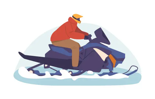 Vector illustration of Male Character Skillfully Maneuvers A Snowmobile Through The Pristine, Snow-covered Landscape, Leaving A Trail