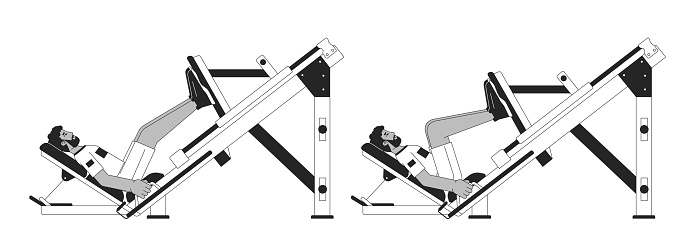 Muscle building with leg press machine bw vector spot illustration. Athletic male 2D cartoon flat line monochromatic character for web UI design. Work out class editable isolated outline hero image