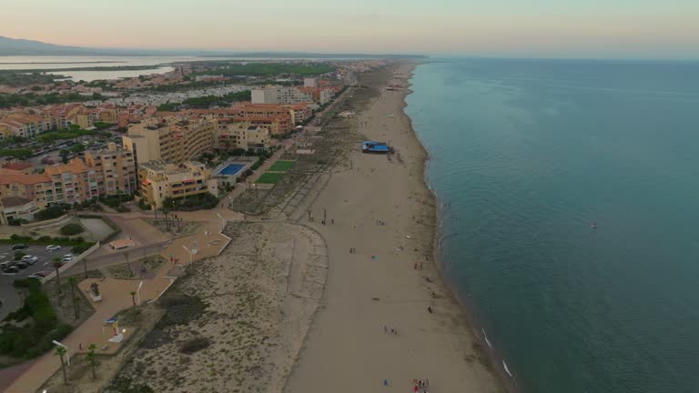 Aerial view the coast line of la Barcares Beach at sunset southern of France