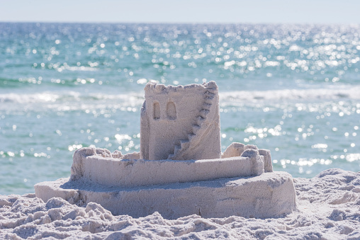 A sandcastle stands on Opal Beach along the Gulf Island National Seashore in Pensacola Beach, Florida.