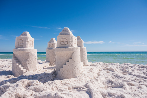 A sandcastle stands on Opal Beach along the Gulf Island National Seashore in Pensacola Beach, Florida.
