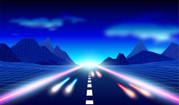 istock Neon road in the mountains in synthwave style. 80s styled highway to horizon, purple and blue retro arcade scene. 1753210931