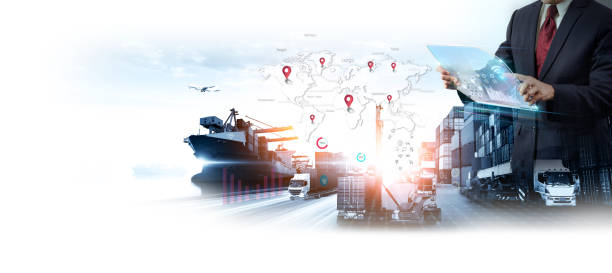 istock Smart Global Logistics international delivery concept, World map with logistic network distribution on background for Concept of fast or instant shipping, Online goods orders worldwide 1753239893