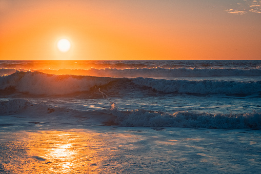 Tranquil seascape at sunset, with the radiant sun descending below the horizon, casting a golden glow across the water and sky. Vibrant colors, copy space