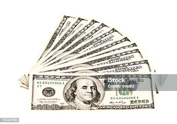 Heap Of 100 Dollar Banknotes Isolated On White Stock Photo - Download Image Now - One Thousand Dollar Bill, US Paper Currency, American One Hundred Dollar Bill