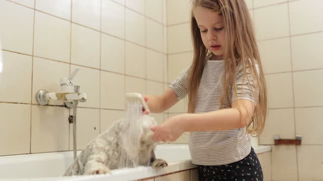 adorable little girl bathing her little dog
