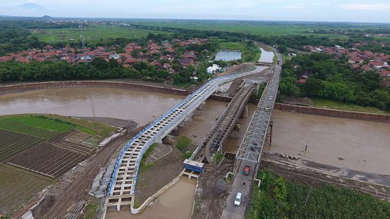 Indonesia, Central Java, Semarang, 28 October 2023 ; Drone photo of a water bridge undergoing rehabilitation