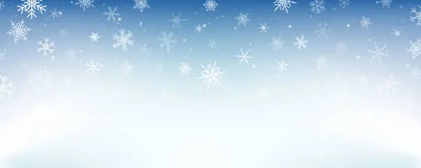 Vector illustration of Pastel winter sky with snowflakes. Blue light color gradient. Fantasy soft blurred wallpaper. Vector Christmas landscape.