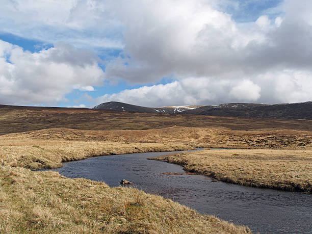 south monadhliath mountains, river spey, scotland in spring - spey scotland stockfoto's en -beelden