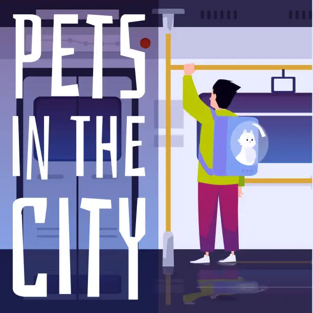 Vector illustration of Passengers with cat in carrier backpack inside city bus or subway train, pet city vector poster, animal transportation