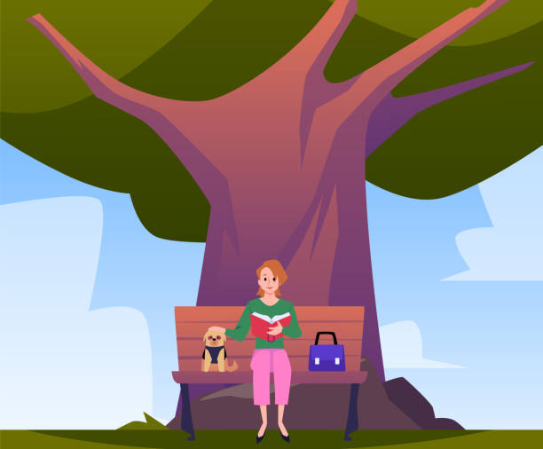 Woman with small bulldog reading book sitting on bench under big tree, owner and pet relationship vector illustration Young woman with small bulldog reading book sitting on bench under big tree. Owner and home animal relationship. Best friend pet flat vector illustration. Pet city concept. Good canine behavior bulldog reading stock illustrations