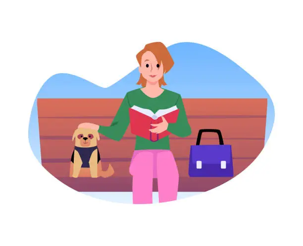 Vector illustration of Woman with small bulldog reading book sitting on bench, owner and home animal relationship, vector pet friend