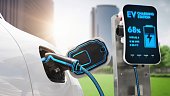 Electric car recharging battery by futuristic smart EV charger. Peruse