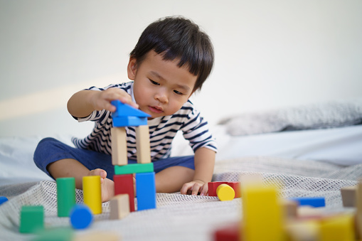Adorable Asian little boy playing with wooden building blocks at home