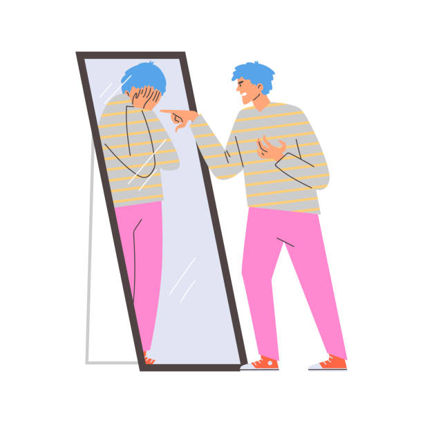 ilustrações de stock, clip art, desenhos animados e ícones de young man angry scolds and annoys himself near the mirror, unhappy crying in the reflection, vector male with mental disorder - mirror reflection men individuality