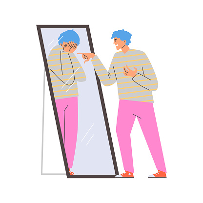 Young man angry scolds and annoys himself near the mirror. Unhappy crying in the reflection. Male cartoon character with a mental disorder. Pessimist, negative lifestyle vector flat illustration