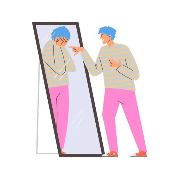 Vector illustration of Young man angry scolds and annoys himself near the mirror, unhappy crying in the reflection, vector male with mental disorder