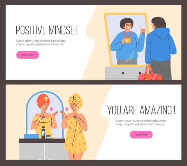 Vector illustration of Woman imagines herself as a queen in her reflection in the mirror, guy imagines himself a winner vector landing page