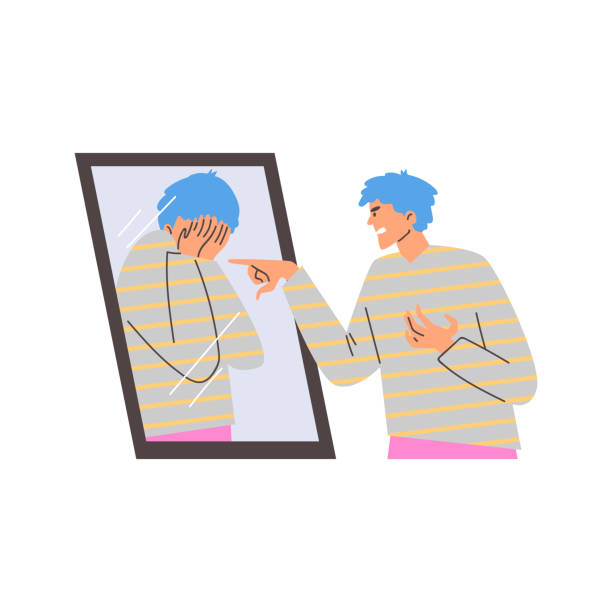ilustrações, clipart, desenhos animados e ícones de o homem expressa insatisfação com o reflexo no espelho, vetor isolado. - mirror men teenager depression