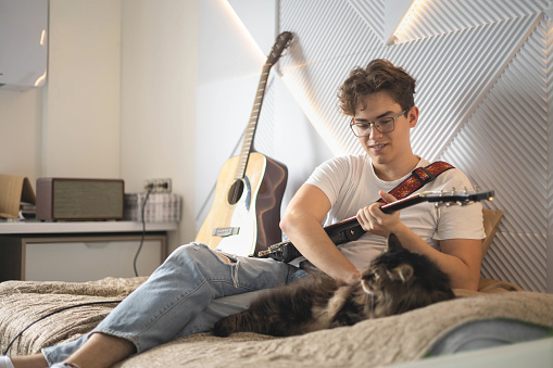 Cute cat relaxing near male playing electric guitar art hobby on couch at home. Portrait furry feline pet resting on sofa near owner man guitarist performing solo bass chord instrumental entertainment