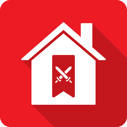 Vector illustration of a house and flag banner with swords icon against a red background in flat style.