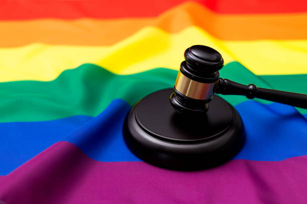 istock Wooden gavel on Rainbow flag 1753456166