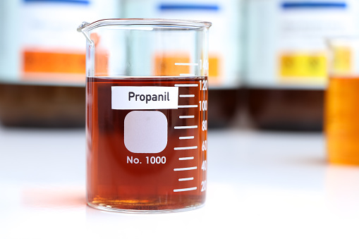 Propanil in glass, Herbicides are used to manage wasteland or control weeds in agriculture, laboratory experiment