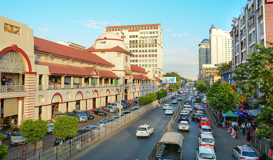 Yangon, Myanmar - Jan 14, 2015. The Sule Boulevard with famous Bogyoke Market built in 1926 and formely know as Scott Market. Sule Boulevard are the busiest street in Yangon.