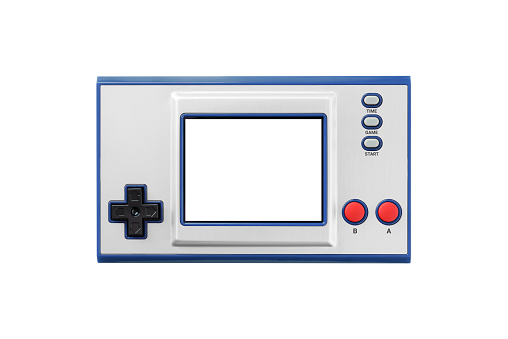 Classic handheld video game unit from the 1980s with blank LCD screen, isolated on white background.