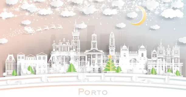 Vector illustration of Porto Portugal. Winter City Skyline in Paper Cut Style with Snowflakes, Moon and Neon Garland. Christmas, New Year Concept. Porto Cityscape with Landmarks.