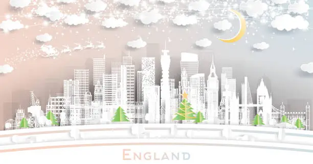 Vector illustration of England. Winter City Skyline in Paper Cut Style with Snowflakes, Moon and Neon Garland. Christmas, New Year Concept. Cityscape with Landmarks. Bristol. Leeds. Sheffield. London.