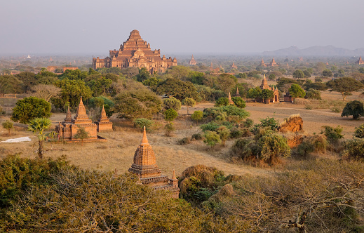 View of ancient Buddhist temples in Bagan, Myanmar. Bagan is an ancient city and one of Asias most important archeological sites.