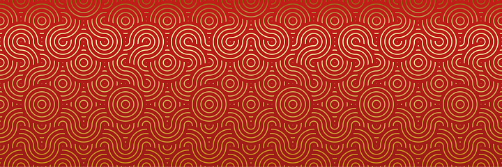 Oriental Seamless Pattern in Geometric Traditional Style. Red and Golden Abstract Waves and Circles. Modern Asian Vector Design for Lunar Festive Decorations and Wallpaper. Premium Vintage Elegance.