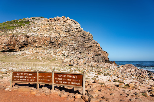 Cape of Good Hope South Africa. Famous Cape of Good Hope Coast and Location Sign at the most south-western point of the african continent. Cape of Good Hope National Park, South Africa, Africa.