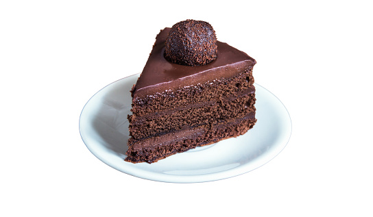Triangular chocolate cake served on a plate, snack, snack food on a white background