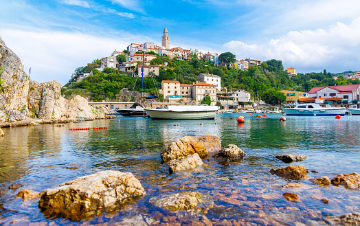 Beautiful Croat coast, Vrbnik town, adriatic sea, Krk island- travel destination, vacation in Croatia