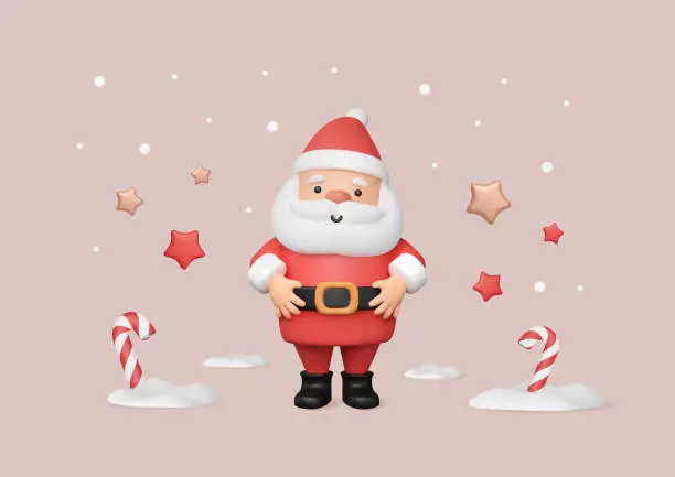 Vector illustration of 3D Santa Claus with his hands on his belly, plump and cute Christmas character.