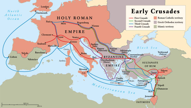 Early Crusades, history map of the first four Crusades to the Holy Land Early Crusades, history map. The first four Crusades, a series of religious wars to the Holy Land, to conquer Jerusalem and its surrounding area, by the Christian Latin Church in the medieval period. levant map stock illustrations