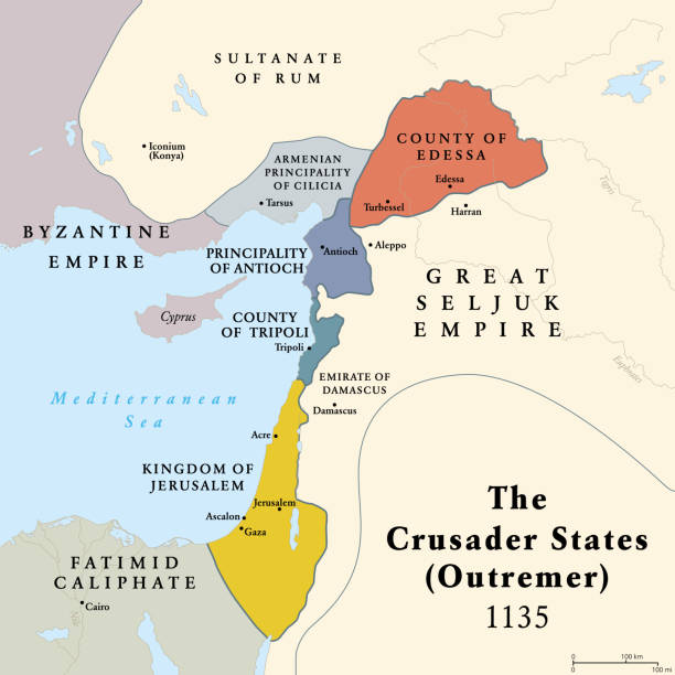 Crusader states, map of Outremer at 1135, created after the First Crusade Crusader states, map of Outremer at about 1135. Four Latin Catholic realms in the Levant, created after First Crusade. Kingdom of Jerusalem, County of Edessa and Tripoli, and Principality of Antioch. levant map stock illustrations