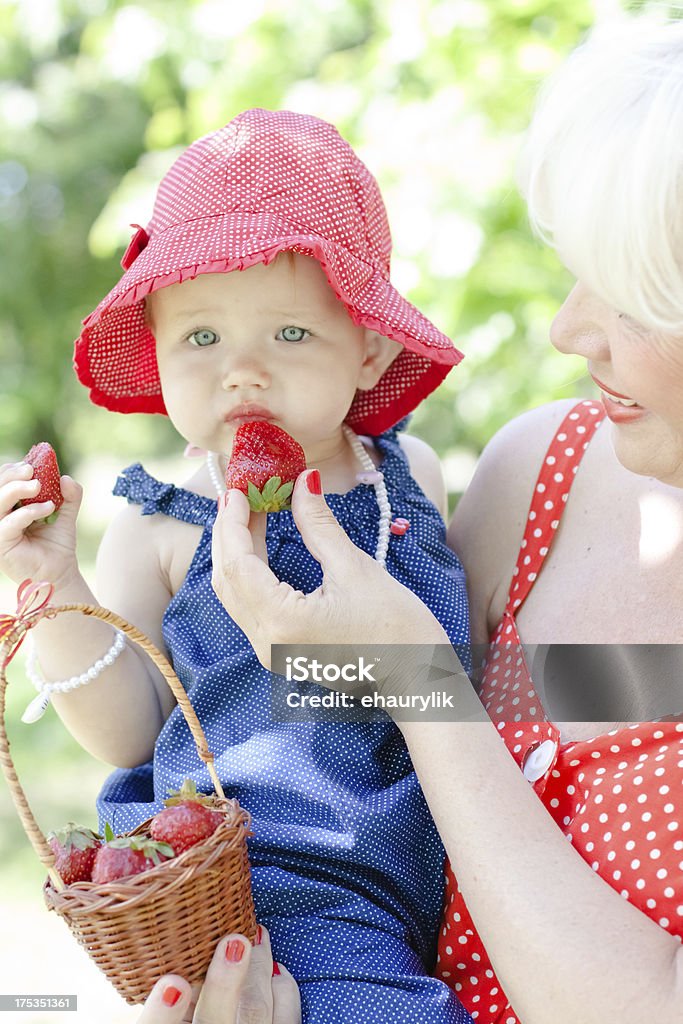 조모 및 손녀 식사 딸기 at the park) - 로열티 프리 12-17 개월 스톡 사진