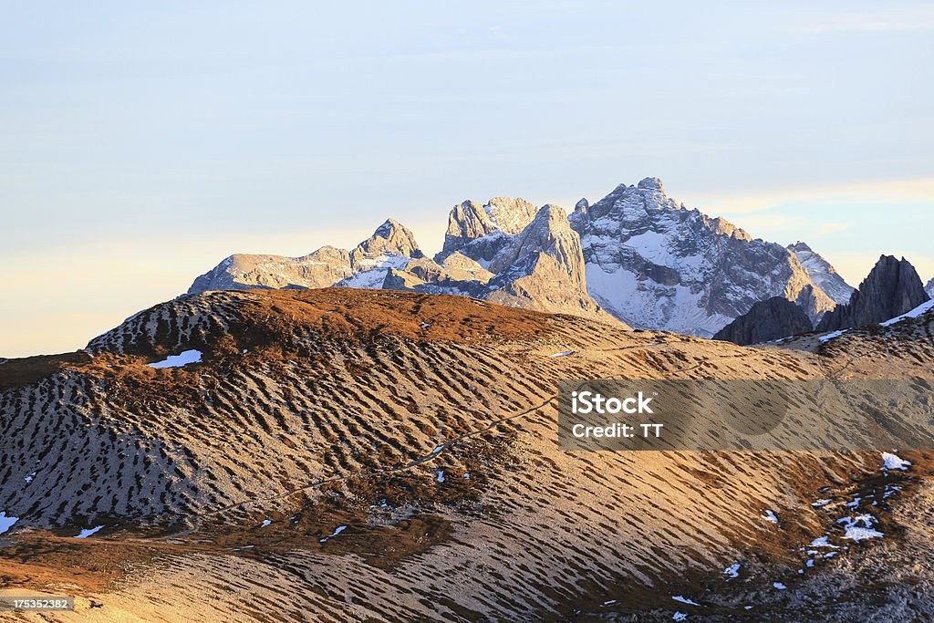 Mountain higing trail Hiking trail over the mountains Alpenglow Stock Photo