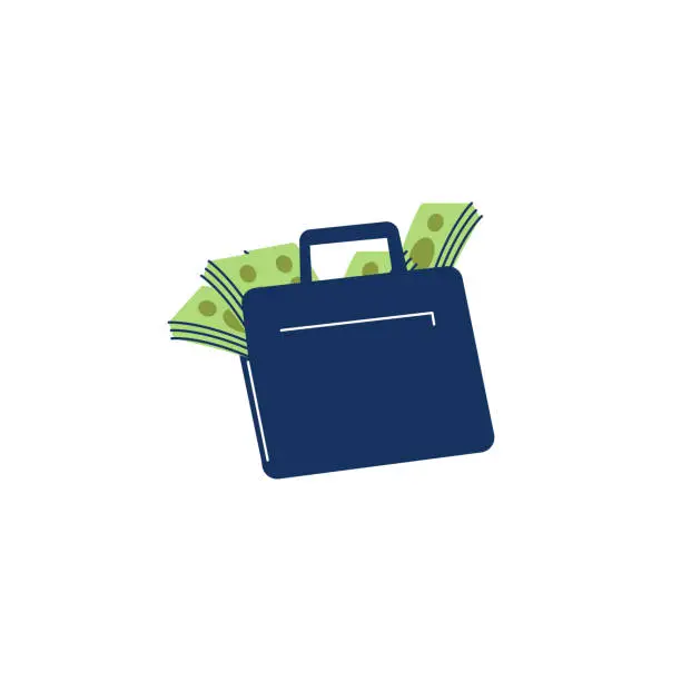 Vector illustration of Briefcase with many green banknotes flat style, vector illustration